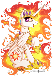 Size: 1600x2263 | Tagged: safe, artist:julunis14, nightmare star, alicorn, pony, g4, female, fire, jewelry, regalia, simple background, sitting, smiling, solo, transparent background