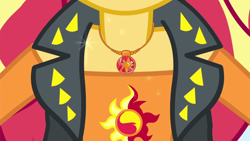 Size: 1920x1080 | Tagged: safe, screencap, sunset shimmer, cheer you on, equestria girls, equestria girls series, g4, spoiler:eqg series (season 2), breasts, clothes, cutie mark on clothes, female, geode of empathy, jewelry, leather, leather vest, magical geodes, necklace, pictures of chests, shoulderless shirt, solo, spikes, vest