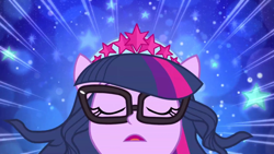 Size: 1920x1080 | Tagged: safe, screencap, sci-twi, twilight sparkle, cheer you on, equestria girls, g4, spoiler:eqg series (season 2), blue background, eyes closed, female, glasses, jewelry, open mouth, ponied up, regalia, simple background, solo, starry backdrop, super ponied up, transformation