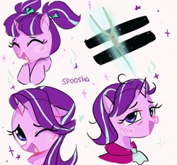 Size: 2048x1920 | Tagged: safe, artist:spoosha, starlight glimmer, pony, unicorn, g4, age progression, blushing, clothes, equal cutie mark, female, filly, filly starlight glimmer, laughing, older, older starlight glimmer, one eye closed, pigtails, solo, staff, staff of sameness, wink, younger