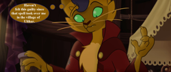 Size: 1920x804 | Tagged: safe, edit, edited screencap, editor:korora, screencap, capper dapperpaws, abyssinian, anthro, g4, my little pony: the movie, chest fluff, clothes, coat, implied murder, lovecraft, male, solo, the cats of ulthar, thought bubble