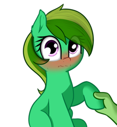 Size: 830x898 | Tagged: safe, artist:neuro, oc, oc only, oc:anon, oc:coral, earth pony, human, pony, blushing, female, holding hooves, hoof hold, human on pony hoof holding, mare, phonepones, simple background, sweat, transparent background
