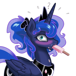 Size: 8000x8000 | Tagged: safe, alternate version, artist:kp-shadowsquirrel, artist:parclytaxel, derpibooru exclusive, princess luna, alicorn, pony, g4, .svg available, absurd resolution, alternate hairstyle, background removed, blushing, cute, eating, embarrassed, female, food, looking at you, lunabetes, mare, messy eating, plewds, ponytail, popsicle, question mark, scrunchy face, shading, simple background, solo, sucking, surprised, sweat, transparent background, vector, wide eyes