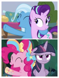 Size: 3106x4096 | Tagged: safe, screencap, mean twilight sparkle, pinkie pie, starlight glimmer, trixie, a horse shoe-in, g4, the mean 6, comparison, floppy ears, rainbow power
