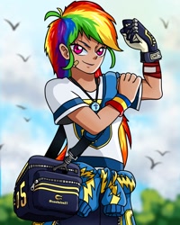 Size: 1080x1350 | Tagged: safe, artist:c00laise, rainbow dash, human, g4, bag, clothes, female, humanized, jacket, solo