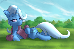 Size: 2700x1800 | Tagged: safe, artist:shido-tara, trixie, pony, unicorn, g4, clothes, female, grass, hoodie, lidded eyes, looking at you, lying down, mare, prone, solo