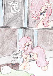 Size: 1528x2188 | Tagged: safe, artist:wyren367, oc, oc:politica segreta, comic:politica's rebound, alarm, bed, bedroom, colored pencil drawing, comic, dialogue, female, floppy ears, indoors, mare, note, pillow, sad, speech bubble, talking, traditional art
