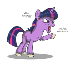 Size: 1668x1452 | Tagged: safe, artist:perfectblue97, twilight sparkle, pony, unicorn, g4, angry, boop request, censored vulgarity, chest fluff, coronavirus, covid-19, grawlixes, hoof fluff, open mouth, simple background, social distancing, unicorn twilight, unshorn fetlocks, white background