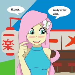 Size: 2048x2048 | Tagged: safe, alternate version, artist:nando13, fluttershy, equestria girls, g4, blushing, breasts, busty fluttershy, cute, female, high res, implied anon, shyabetes, solo, speech bubble, talking to viewer