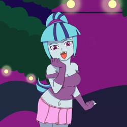 Size: 2048x2048 | Tagged: safe, artist:nando13, sonata dusk, equestria girls, g4, bare shoulders, breasts, cleavage, clothes, female, fingerless gloves, gloves, high res, long gloves, open mouth, skirt