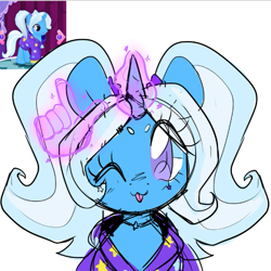Size: 665x665 | Tagged: safe, artist:bunxl, trixie, pony, unicorn, alternate hairstyle, babysitter trixie, bust, clothes, drink, female, gameloft, gameloft interpretation, hand, hoodie, magic, magic hands, one eye closed, pigtails, solo, twintails, wink