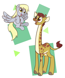 Size: 1806x2160 | Tagged: safe, artist:cookieboy011, clementine, derpy hooves, giraffe, pegasus, pony, g4, abstract background, cute, derpabetes, duo, female, flying, happy, mare, pale belly
