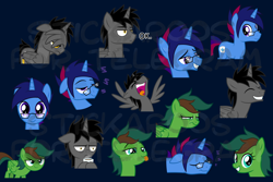 Size: 1772x1181 | Tagged: safe, artist:earth_pony_colds, oc, oc only, oc:marquis majordome, oc:sano dash, oc:windy barebow evergreen, pegasus, pony, unicorn, facewing, female, glasses, horn, looking at you, male, mare, obtrusive watermark, show accurate, stallion, sticker, telegram sticker, watermark