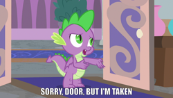 Size: 1280x720 | Tagged: safe, edit, edited screencap, screencap, spike, dragon, a horse shoe-in, g4, caption, image macro, male, solo, text, winged spike, wings