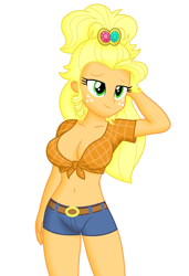 Size: 1920x2800 | Tagged: safe, edit, editor:ah96, applejack, equestria girls, g4, applejewel, belly button, breast edit, breasts, busty applejack, cleavage, female, front knot midriff, midriff, ms paint, shading, simple background, solo, white background