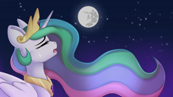 Size: 1920x1080 | Tagged: safe, artist:xcinnamon-twistx, princess celestia, pony, lullaby for a princess, g4, crown, crying, eyes closed, female, flowing mane, jewelry, moon, necklace, night, open mouth, regalia, sad, singing, solo, wallpaper
