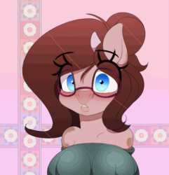 Size: 1069x1111 | Tagged: safe, artist:n0nnny, oc, oc only, oc:mocha latte, cow, anthro, :p, animated, big breasts, blinking, blush sticker, blushing, breasts, clothes, cowified, cute, dress, eyelid, eyes closed, floppy ears, frame by frame, gif, gift art, glasses, horns, interspecies, looking at you, moving background, smiling, smiling at you, solo, species swap, surprised, tongue out