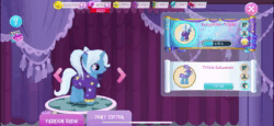 Size: 1920x886 | Tagged: safe, gameloft, trixie, pony, unicorn, g4, alternate clothes, animated, babysitter trixie, carousel boutique, clothes, cute, diatrixes, dressup, female, game screencap, hoodie, mare, mobile game, pigtails, ponytail, rotating, solo, sound, stars, twintails, video, webm