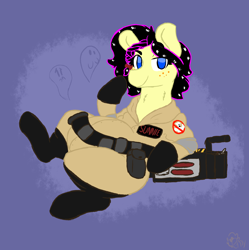 Size: 1352x1358 | Tagged: safe, artist:somefrigginnerd, oc, oc only, oc:sunnie bun, earth pony, pony, belt, chubby, commission, cute, earth pony oc, female, ghostbusters, ghoststuffers, looking at you, mare, on back, proton pack, simple background, solo