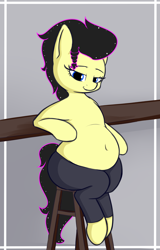 Size: 2030x3170 | Tagged: safe, artist:andelai, oc, oc only, oc:sunnie bun, earth pony, pony, bedroom eyes, belly, belly button, big belly, chubby, clothes, commission, female, high res, large butt, mare, pants, sitting, smiling, solo, stool, yoga pants