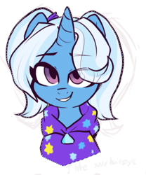 Size: 541x650 | Tagged: safe, artist:oofycolorful, trixie, pony, unicorn, g4, alternate hairstyle, babysitter trixie, bedroom eyes, bust, clothes, cute, diatrixes, female, gameloft interpretation, hoodie, looking at you, mare, pigtails, portrait, simple background, smiling, solo, white background, wip