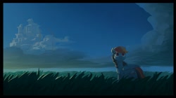 Size: 1961x1101 | Tagged: safe, artist:luciferamon, rainbow dash, pegasus, pony, g4, cloud, cloudsdale, detailed background, female, grass, mare, night, scenery, sky, solo