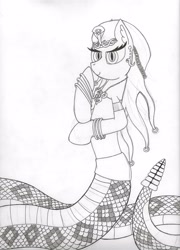 Size: 2550x3549 | Tagged: safe, artist:laurelcrown, oc, oc only, hybrid, original species, snake, snake pony, black and white, grayscale, high res, monochrome, traditional art
