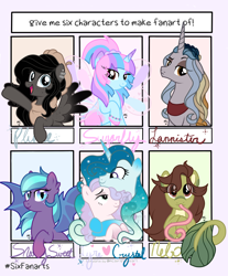 Size: 3300x3989 | Tagged: safe, oc, oc only, bat pony, original species, pegasus, plant pony, pony, unicorn, bat pony oc, bat wings, bedroom eyes, bust, ethereal mane, high res, horn, long tongue, open mouth, pegasus oc, plant, six fanarts, smiling, spread wings, starry mane, tongue out, unicorn oc, wings