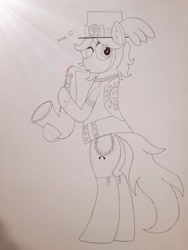 Size: 960x1280 | Tagged: safe, artist:laurelcrown, oc, oc only, oc:laurel crown, earth pony, pony, bipedal, black and white, butt, destination calabria, earth pony oc, grayscale, monochrome, musical instrument, one eye closed, plot, saxophone, solo, standing, traditional art, wink