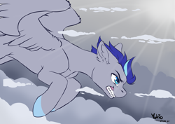 Size: 3507x2480 | Tagged: safe, artist:yukiooo, oc, oc:aspen volare, pegasus, pony, angry, cloud, flying, high res, male, sky