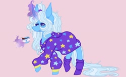 Size: 3500x2160 | Tagged: safe, artist:namiiarts, trixie, pony, unicorn, g4, alternate hairstyle, babysitter trixie, clothes, cup, female, food, glowing horn, high res, hoodie, horn, lgbt headcanon, magic, magic aura, pink background, pride, pride flag, simple background, socks, solo, tea, teacup, transgender pride flag