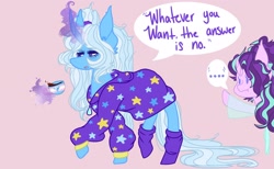 Size: 3500x2160 | Tagged: safe, alternate version, artist:namiiarts, starlight glimmer, trixie, pony, unicorn, g4, ..., alternate hairstyle, babysitter trixie, clothes, cup, dialogue, female, food, glowing horn, high res, hoodie, horn, lgbt headcanon, magic, magic aura, pink background, pride, pride flag, simple background, socks, tea, teacup, trans female, trans trixie, transgender, transgender pride flag, waving