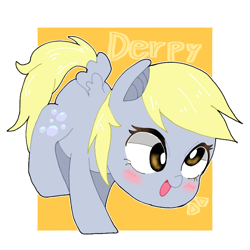 Size: 768x768 | Tagged: safe, artist:destroyer_aky, derpy hooves, pegasus, pony, g4, abstract background, blushing, chibi, cute, derpabetes, female, mare, open mouth, pixiv, solo