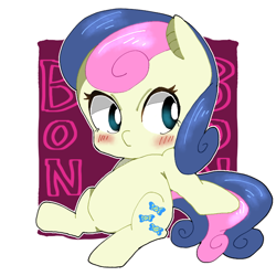Size: 768x768 | Tagged: safe, artist:destroyer_aky, bon bon, sweetie drops, earth pony, pony, g4, abstract background, adorabon, blushing, chibi, cute, female, mare, pixiv, solo