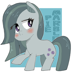 Size: 768x768 | Tagged: safe, artist:destroyer_aky, marble pie, earth pony, pony, g4, abstract background, blushing, chibi, cute, eye clipping through hair, female, marblebetes, mare, pixiv, solo