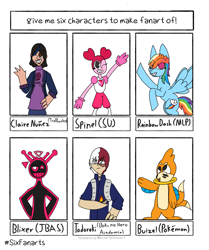 Size: 1715x2048 | Tagged: safe, artist:nyancreeperpony, rainbow dash, buizel, gem (race), human, pegasus, pony, g4, spoiler:steven universe, spoiler:steven universe: the movie, blixer, claire nuñez, clothes, crossover, default spinel, female, gem, just shapes and beats, male, mare, my hero academia, pokémon, shoto todoroki, six fanarts, smiling, spinel, spinel (steven universe), spoilers for another series, steven universe, steven universe: the movie, trollhunters, waving