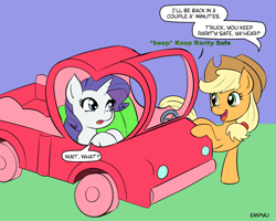 Size: 1000x800 | Tagged: safe, artist:empyu, applejack, rarity, earth pony, pony, unicorn, g4, 30 minute art challenge, applejack truck, car, duo, female, mare, rick and morty, wait what