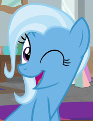 Size: 430x561 | Tagged: safe, screencap, trixie, pony, unicorn, a horse shoe-in, g4, cropped, cute, diatrixes, female, mare, one eye closed, solo, wink