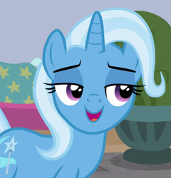 Size: 625x651 | Tagged: safe, screencap, trixie, pony, unicorn, a horse shoe-in, g4, cropped, female, lidded eyes, mare, open mouth, open smile, smiling, solo