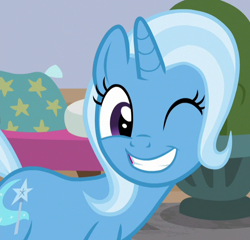 Size: 628x604 | Tagged: safe, screencap, trixie, pony, unicorn, a horse shoe-in, g4, cropped, female, grin, mare, one eye closed, smiling, solo, wink