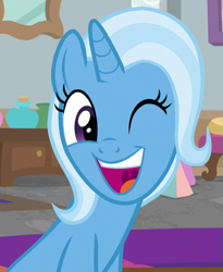Size: 543x661 | Tagged: safe, screencap, trixie, pony, unicorn, a horse shoe-in, g4, cropped, cute, diatrixes, female, mare, mawshot, one eye closed, open mouth, smiling, solo, uvula, wink