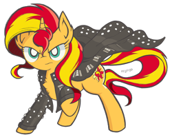 Size: 3468x2760 | Tagged: safe, artist:theratedrshimmer, sunset shimmer, pony, unicorn, equestria girls, g4, clothes, edge (wrestler), female, high res, jacket, leather jacket, looking at you, raised hoof, simple background, solo, transparent background, wwe