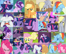 Size: 1036x857 | Tagged: safe, edit, edited screencap, screencap, applejack, derpy hooves, fluttershy, octavia melody, pinkie pie, rainbow dash, rarity, starlight glimmer, twilight sparkle, alicorn, earth pony, pegasus, pony, unicorn, a bird in the hoof, a horse shoe-in, canterlot boutique, daring don't, fame and misfortune, father knows beast, g4, horse play, hurricane fluttershy, princess twilight sparkle (episode), rainbow falls, read it and weep, slice of life (episode), the crystal empire, the last roundup, the one where pinkie pie knows, to where and back again, annoyed, applejack's hat, bandage, big crown thingy, book, bowing, cello, compilation, cowboy hat, cropped, crying, cute, element of magic, eyes closed, female, floppy ears, flying, food, frazzled, friendship journal, glass, glasses, hat, jewelry, looking down, looking up, magic, mane six, mare, mouth hold, mud, musical instrument, prone, rarity's glasses, regalia, sad, sitting, snout, supercut, twilight sparkle (alicorn)