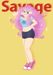Size: 2480x3507 | Tagged: safe, artist:mirona9, fluttershy, cat, human, g4, belly button, blouse, breasts, busty fluttershy, clothes, commission, converse, female, gym shorts, hair accessory, hand on hip, high res, humanized, midriff, savage, seductive, seductive pose, shoes, shorts, simple background, sneakers, solo, sparkles, sultry pose, text, ych result, yellow background