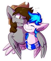 Size: 793x962 | Tagged: safe, artist:brigostre, oc, oc only, oc:lighty, oc:n3xus music, pegasus, pony, commission, cute, duo, gay, hat, heart, hug, male, simple background, snuggling, transparent background, wholesome, winghug