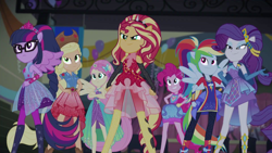 Size: 1920x1080 | Tagged: safe, screencap, applejack, fluttershy, pinkie pie, rainbow dash, rarity, sci-twi, sunset shimmer, twilight sparkle, cheer you on, equestria girls, g4, my little pony equestria girls: better together, alternate hairstyle, bare shoulders, boots, clothes, cowboy hat, female, frills, glasses, grin, halterneck, hat, humane five, humane seven, humane six, jewelry, knee-high boots, leggings, long shirt, pants, ponied up, regalia, shirt, shoes, sleeveless, sleeveless shirt, smiling, spiked headband, stetson, wings