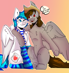 Size: 643x677 | Tagged: safe, artist:yoona, oc, oc only, oc:lighty, oc:n3xus music, pegasus, pony, clothes, commission, cute, duo, gay, hat, male, snuggling, socks, striped socks, text, wholesome