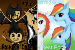 Size: 1500x1000 | Tagged: safe, artist:asiandra dash, rainbow dash, oc, oc:asiandra dash, oc:rainbowrio, alicorn, pegasus, pony, g4, alicorn oc, bendy, bendy and the ink machine, equestria, happy birthday, horn, joey drew studios, rainbow factory dash, spread wings, wings