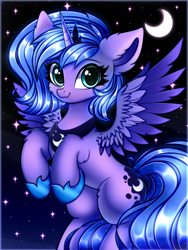 Size: 3000x4000 | Tagged: safe, artist:mite-lime, princess luna, alicorn, pony, g4, cheek fluff, crescent moon, crown, cute, ear fluff, female, filly, high res, hoof shoes, jewelry, leg fluff, lunabetes, moon, night, regalia, sky, solo, spread wings, stars, two toned wings, wings, woona, younger