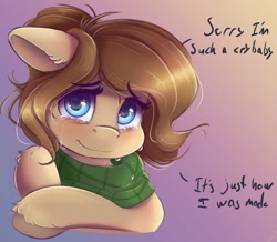 Size: 680x594 | Tagged: safe, artist:ardail, oc, oc only, oc:mocha latte, pony, bust, clothes, crying, dialogue, ear fluff, female, looking at you, mare, sad smile, scarf, solo, tears of joy, teary eyes, unshorn fetlocks